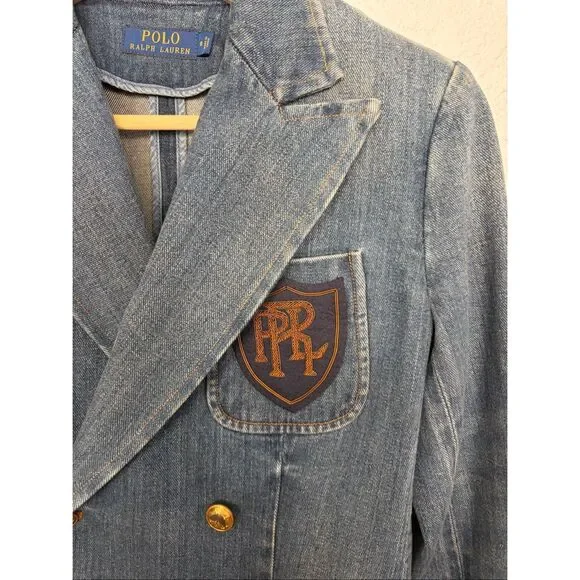Polo Ralph Lauren Denim Crest Blazer Double Breasted Gold Button XS - Picture 5 of 12